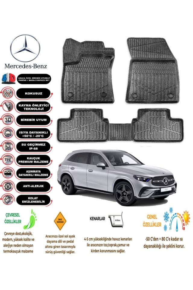 Mercedes GLC 2015 Sonrası 4D Araca Özel Havuzlu Kokusuz Paspas Takımı