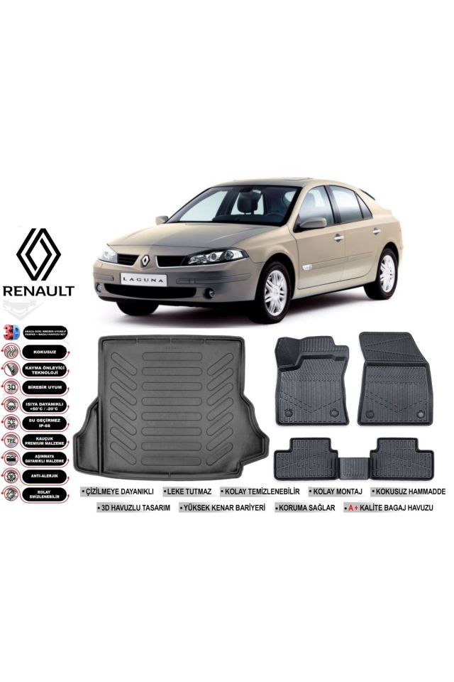 Renault Laguna 2 2004 Model Bagaj Havuzu Araca Özel Siyah Havuzlu Paspas Takımı Sett