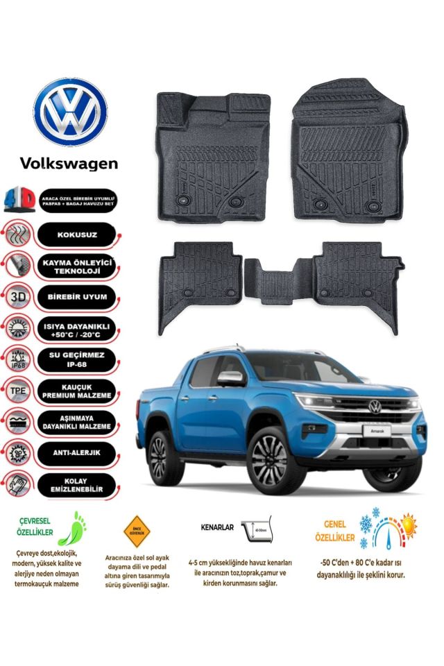 Volkswagen Amarok 2023 Sonrası 4D Araca Özel Havuzlu Kokusuz Paspas Takımıı