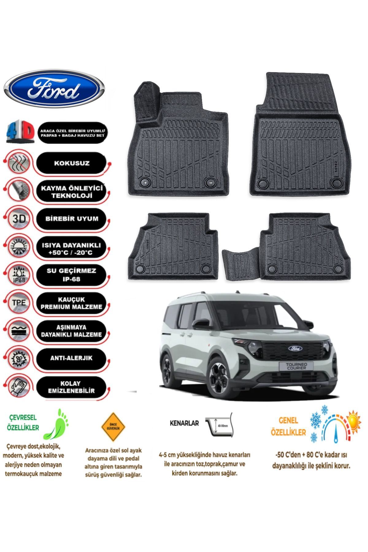 Ford Courier 2024 Model 4D Araca Özel Havuzlu Paspas Takımı
