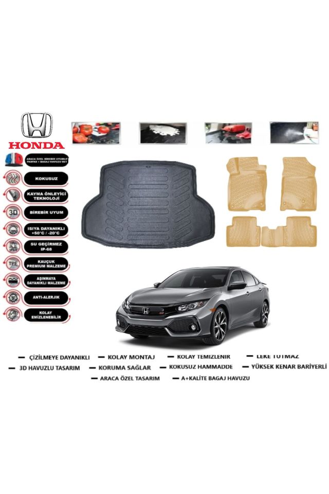 Honda Civic Sedan 2017 Model Bagaj Havuzu(paspası)+Araca Özel Bej Paspas Takımı Flex
