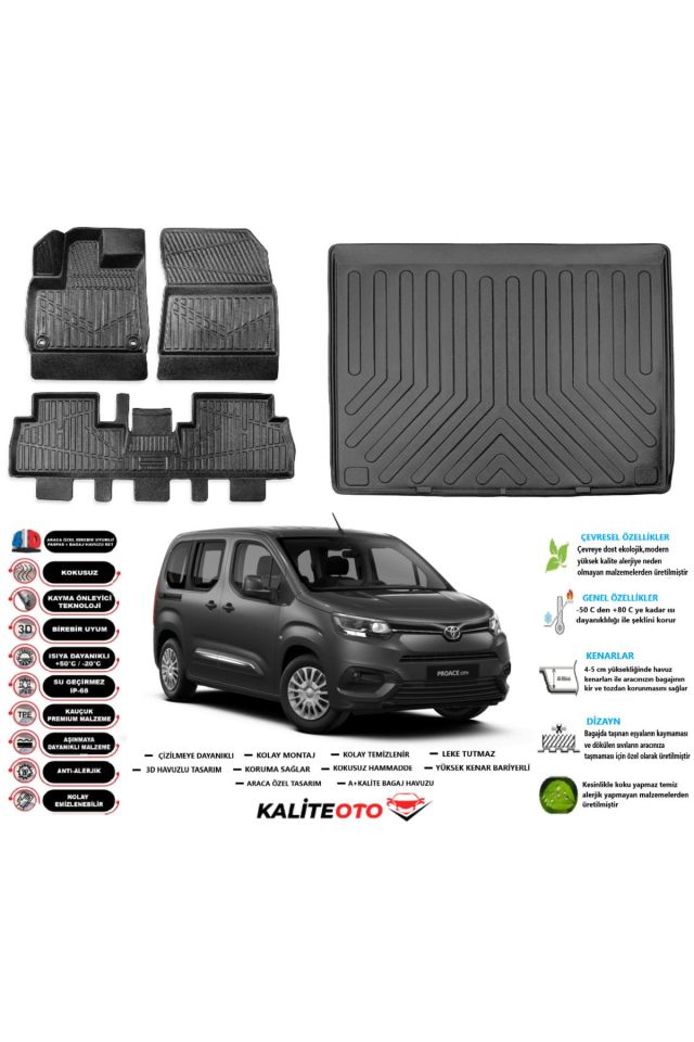 Toyota Proace Cıty 2021 Model Esnek Bagaj Havuzu Araca Özel Siyah Kokusuz Yumuşak Paspas Takımı