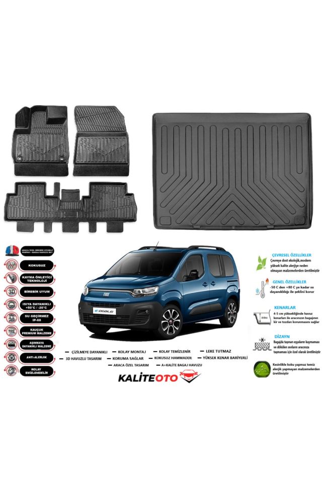Fiat Doblo 2023 Model Esnek Bagaj Havuzu Araca Özel Siyah Paspas Takımı
