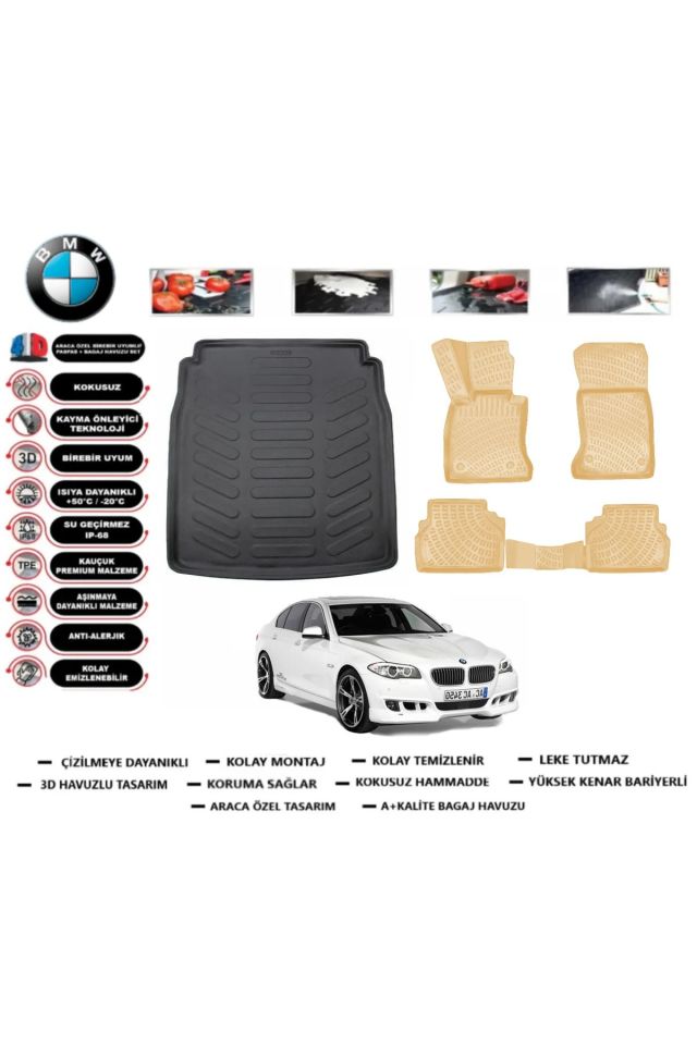 Bmw 5 serisi F10 2013 Model Bagaj Havuzu+Araca Özel Bej Paspas Takımı Flex