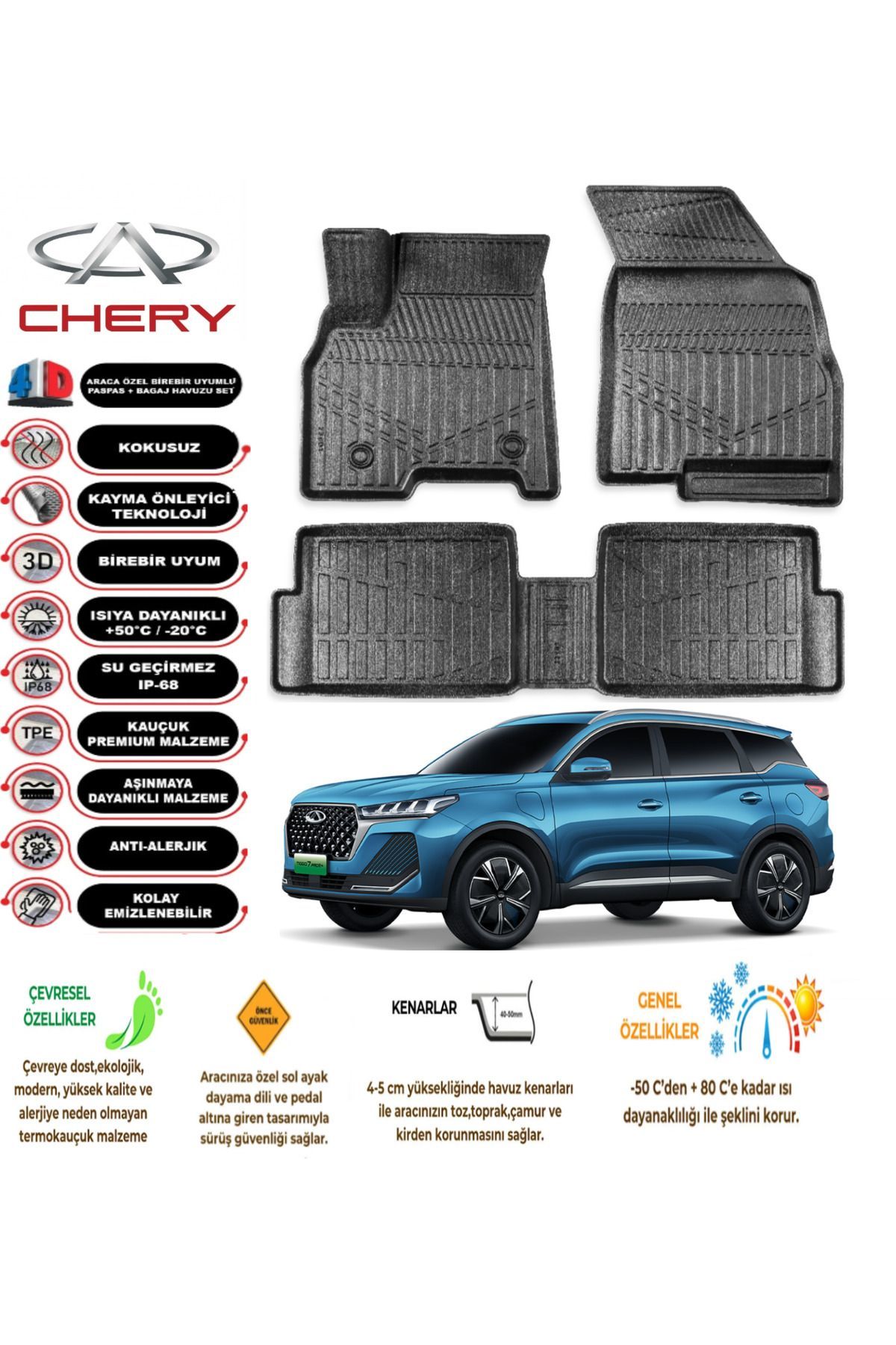 Chery Tiggo 7 Pro 2022 Sonrası 4D Araca Özel Havuzlu Kokusuz Paspas Takımıı