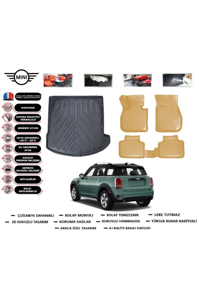 Mini Countryman 2018 Model Bagaj Havuzu+Araca Özel Bej Paspas Takımı Flex