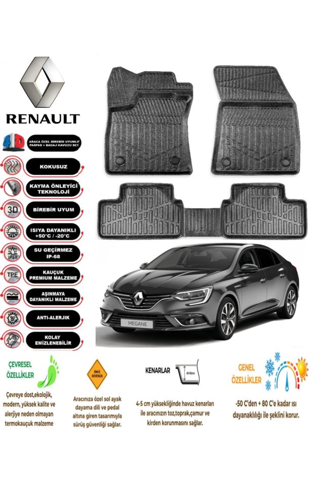 Renault Megane 4 2016-2024 Arası 4D Araca Özel Havuzlu Kokusuz Paspas Takımı