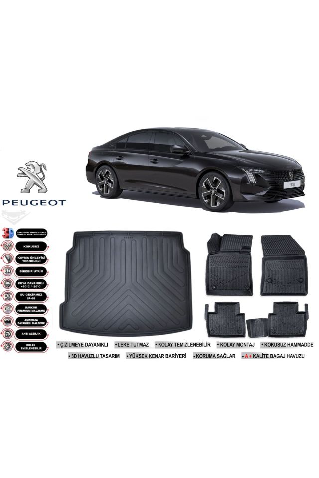 Peugeot 508  2024 Model Bagaj Havuzu Araca Özel Siyah Havuzlu Paspas Takımı Sett