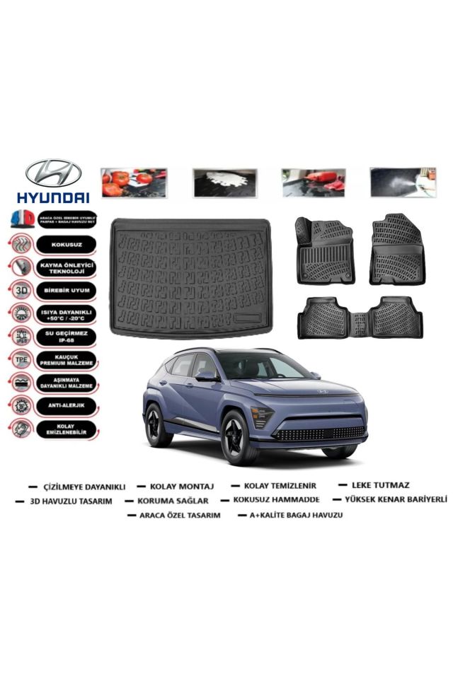 Hyundai Kona Elektrikli 2024 Model Alt Bagaj Havuzu Araca Özel Paspas Takımı Prrox