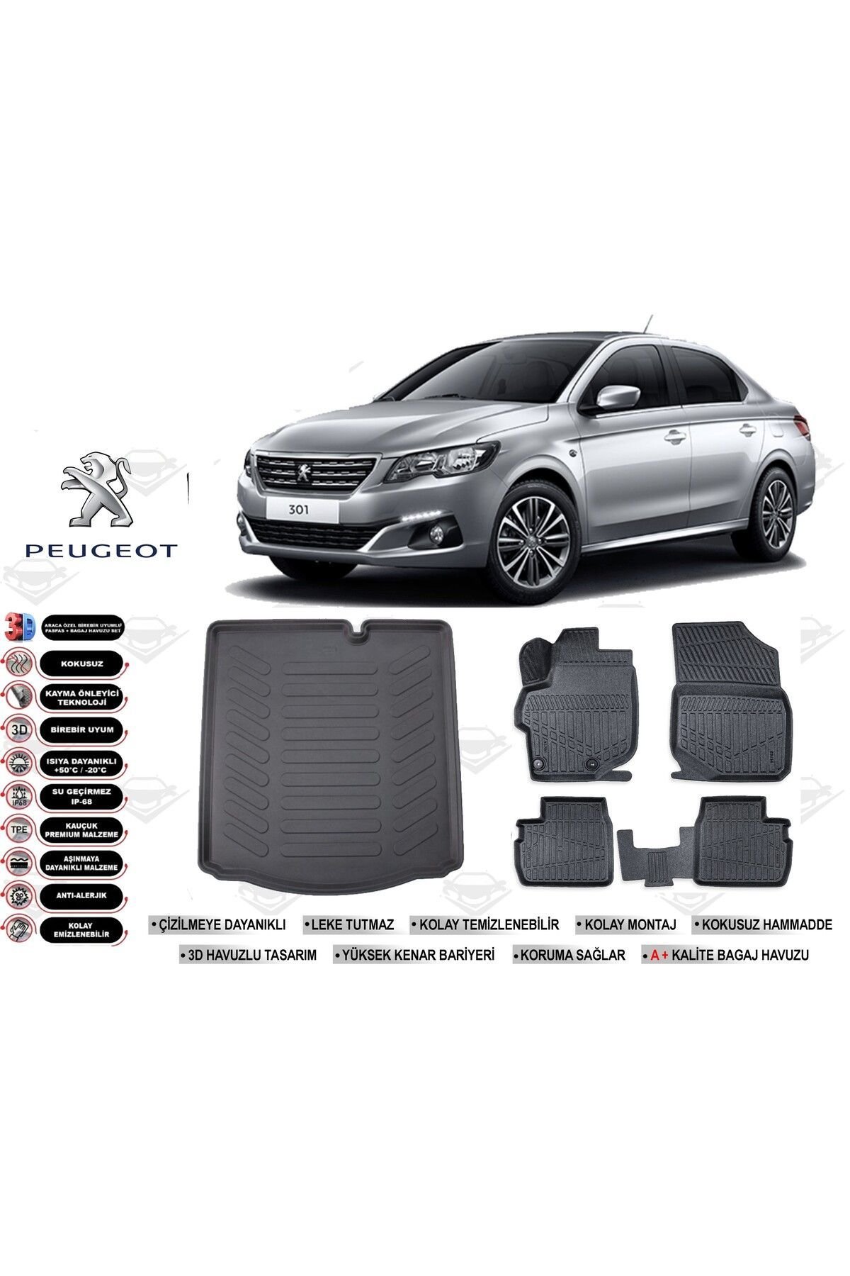 Peugeot 301 2022 Model Bagaj Havuzu Araca Özel Siyah Havuzlu Paspas Takımı Sett