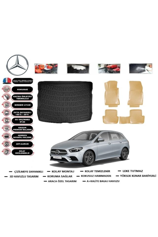 Mercedes B Serisi W247 2019 Model Alt  Bagaj Havuzu+Araca Özel Bej Paspas Takımı Flex