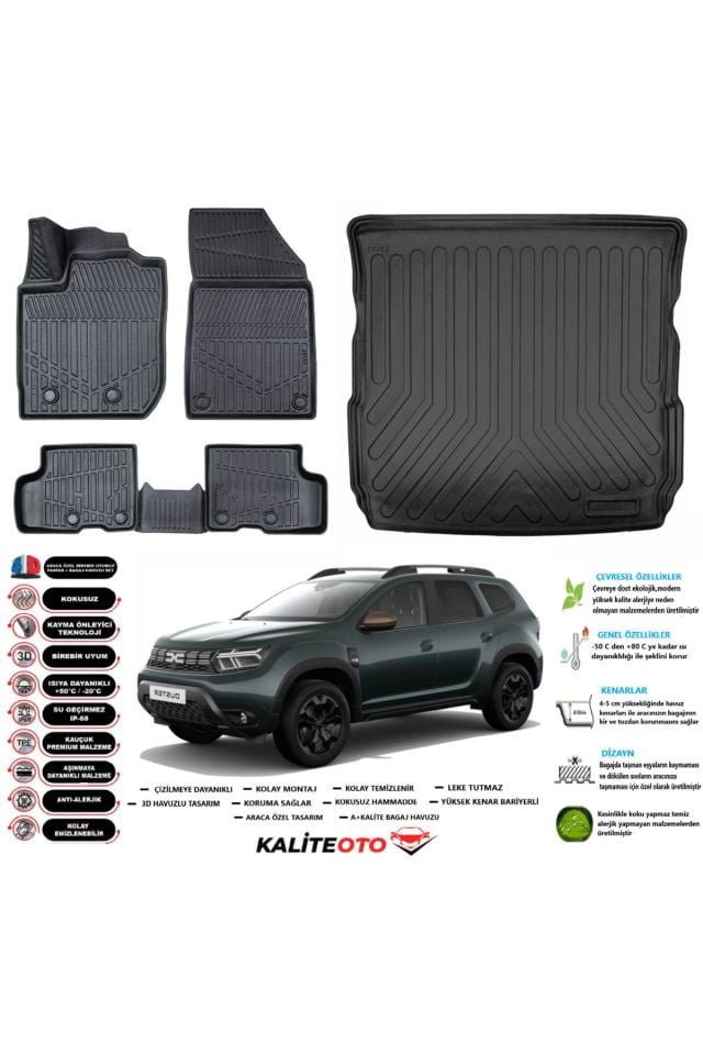 Dacia Duster 4X4 2023 Model Esnek Bagaj Havuzu Araca Özel Siyah Paspas Takımı