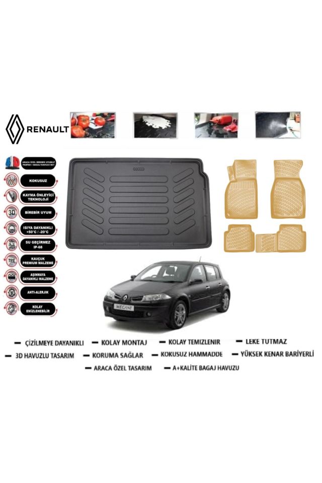 Renault Megane 2 HB 2009 Model Bagaj Havuzu+Araca Özel Bej Paspas Takımı Flex