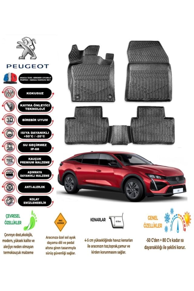 Peugeot 408 2023 Sonrası 4D Araca Özel Havuzlu Kokusuz Paspas Takımı