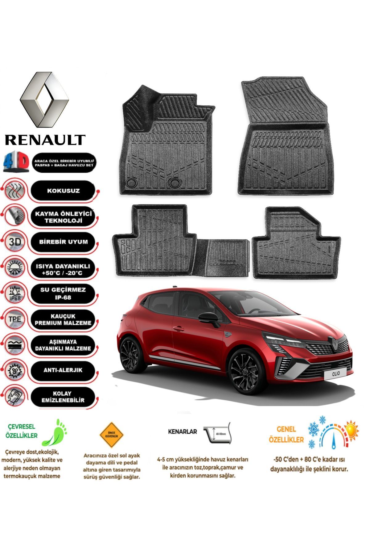 Renault Clio 5 2019 Sonrası 4D Araca Özel Havuzlu Kokusuz Paspas Takımı