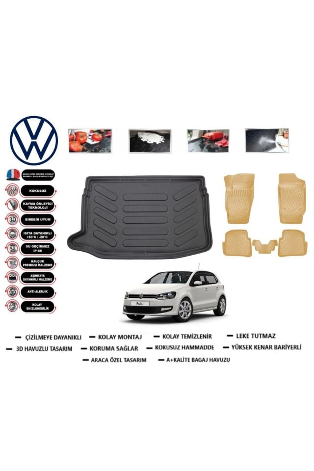 Volkswagen Polo 6R 2016 Model Üst Bagaj Havuzu(paspası)+Araca Özel Bej Paspas Takımı Flex
