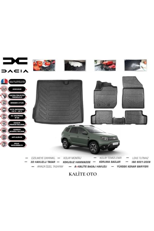 Dacia Duster 4 WD (4x2) Uyumlu 2023 Ve Sonrası 3D Bagaj Havuzu+4D Havuzlu Paspas Seti