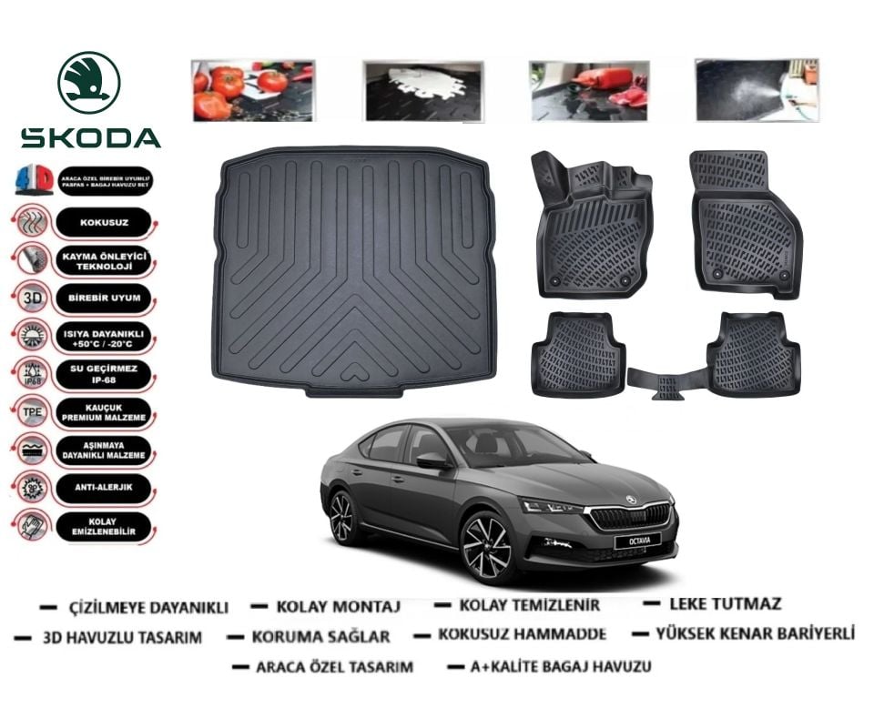 Skoda Octavia 2019 Sonrası 3D Bagaj Havuzu+3D Araca Özel Paspas Takımı