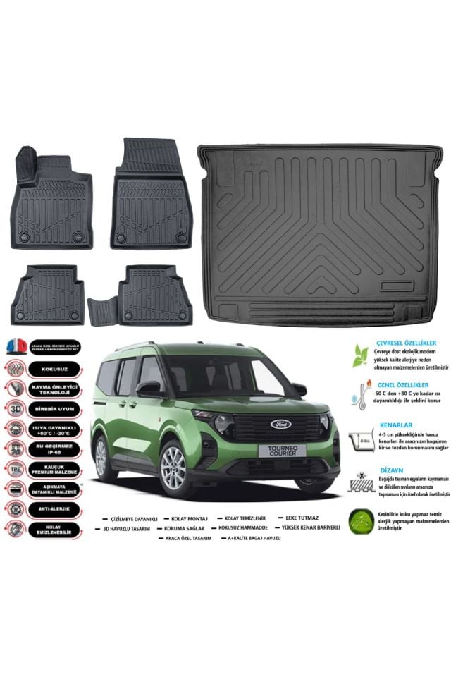 Ford Courier 2025 Model Esnek Bagaj Havuzu Araca Özel Siyah Paspas Takımı