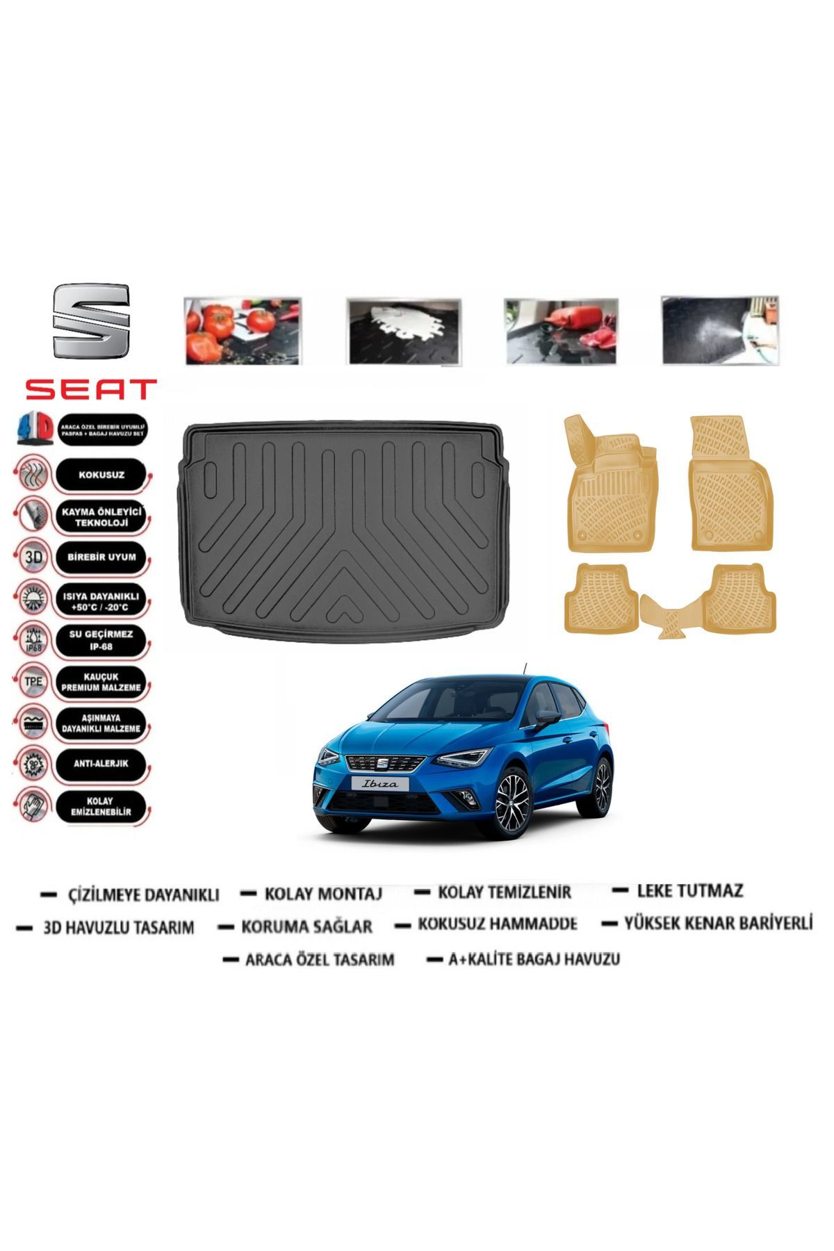 Seat İbiza 2024 Model Üst Bagaj Havuzu(paspası)+Araca Özel Bej Paspas Takımı Flex