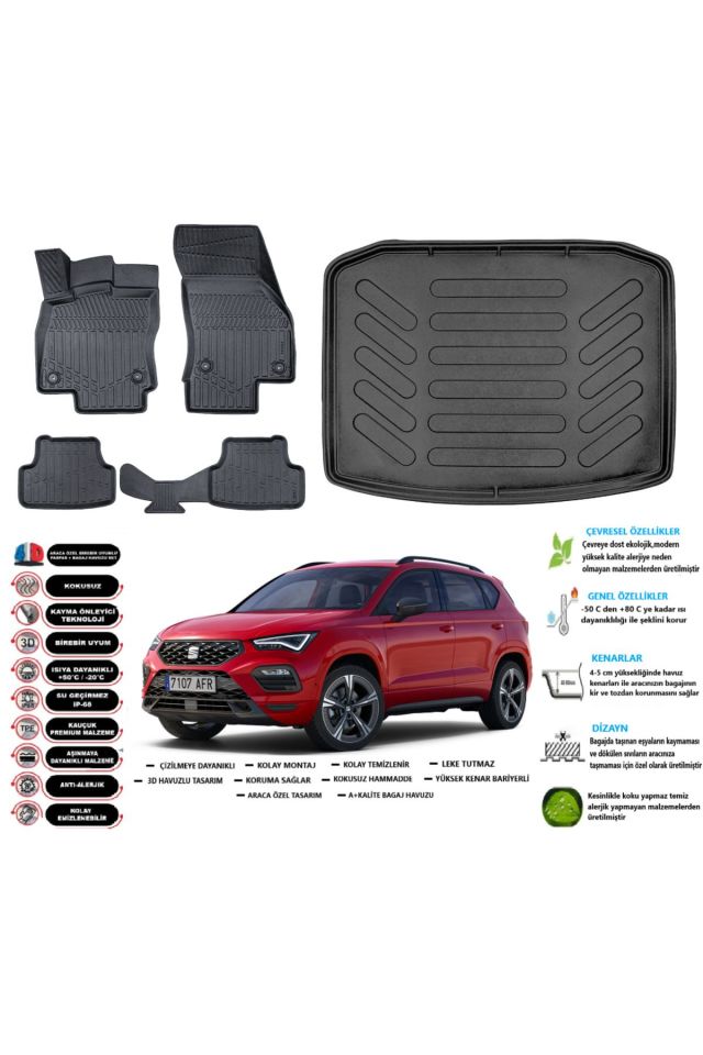 Seat Ateca 4x4 2019 Model Esnek Bagaj Havuzu Araca Özel Siyah Paspas Takımı