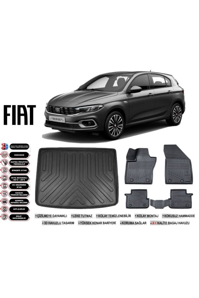 Fiat Egea Hatchback 2024 Model Tamir Kitli Bagaj Havuzu Araca Özel Siyah Havuzlu Paspas Takımı Sett