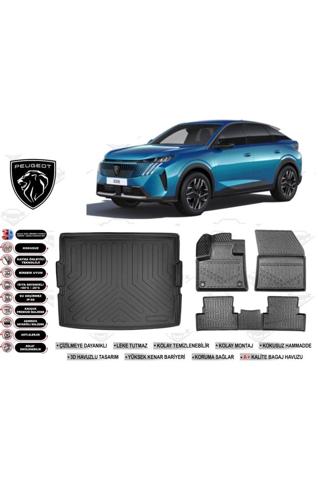 Peugeot 3008 Hybrid 2025 Model Alt Bagaj Havuzu Araca Özel Siyah Havuzlu Paspas Takımı Sett
