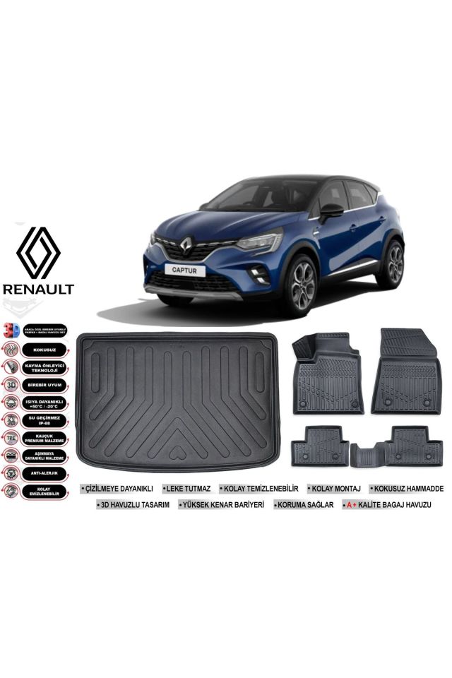 Renault Captur 2022 Model Üst Bagaj Havuzu Araca Özel Siyah Havuzlu Paspas Takımı Sett