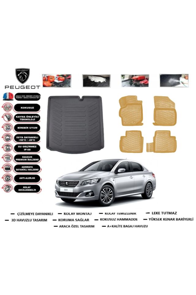 Peugeot 301 2022 Model Bagaj Havuzu(paspası)+Araca Özel Bej Paspas Takımı Flex