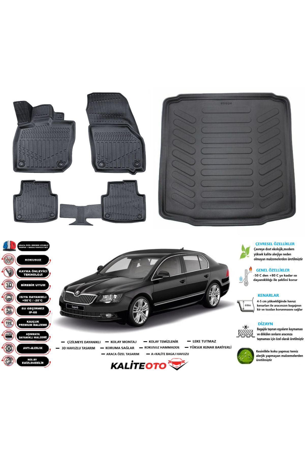 Skoda Superb 2011 Model Esnek Bagaj Havuzu Araca Özel Siyah Paspas Takımı