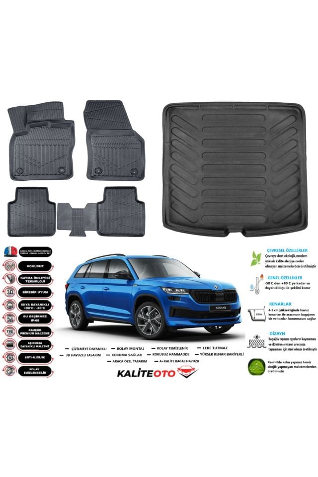 Skoda Kodiaq 2016 Model Esnek Bagaj Havuzu Araca Özel Siyah Paspas Takımı