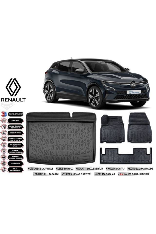 Renault Megane  E-Tech  2024 Model Bagaj Havuzu Araca Özel Siyah Havuzlu Paspas Takımı Sett