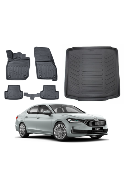 Skoda Super B 2024 Sonrası 3D Bagaj Havuzu+3D Araca Özel Paspas Takımı