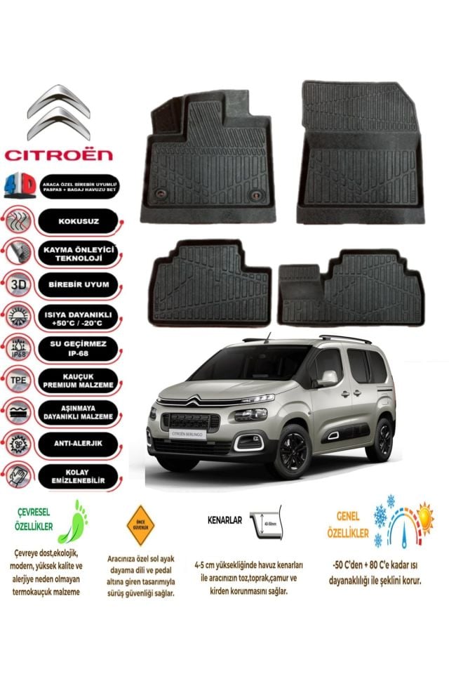 Citroen Berlingo 2019 Model 4D Araca Özel Havuzlu Paspas Takımı