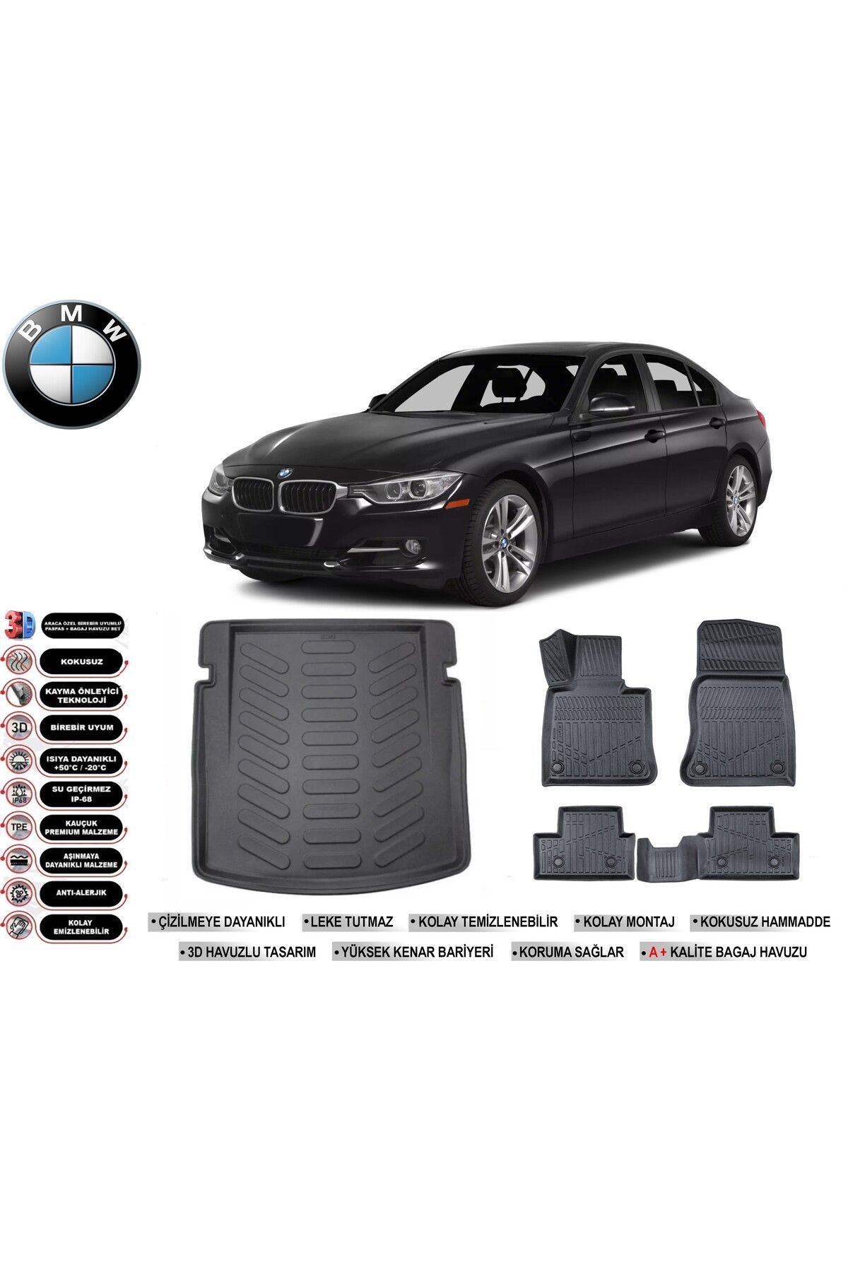 Bmw 3 Serisi F30 2013 Model Bagaj Havuzu Araca Özel Siyah Havuzlu Paspas Takımı Sett