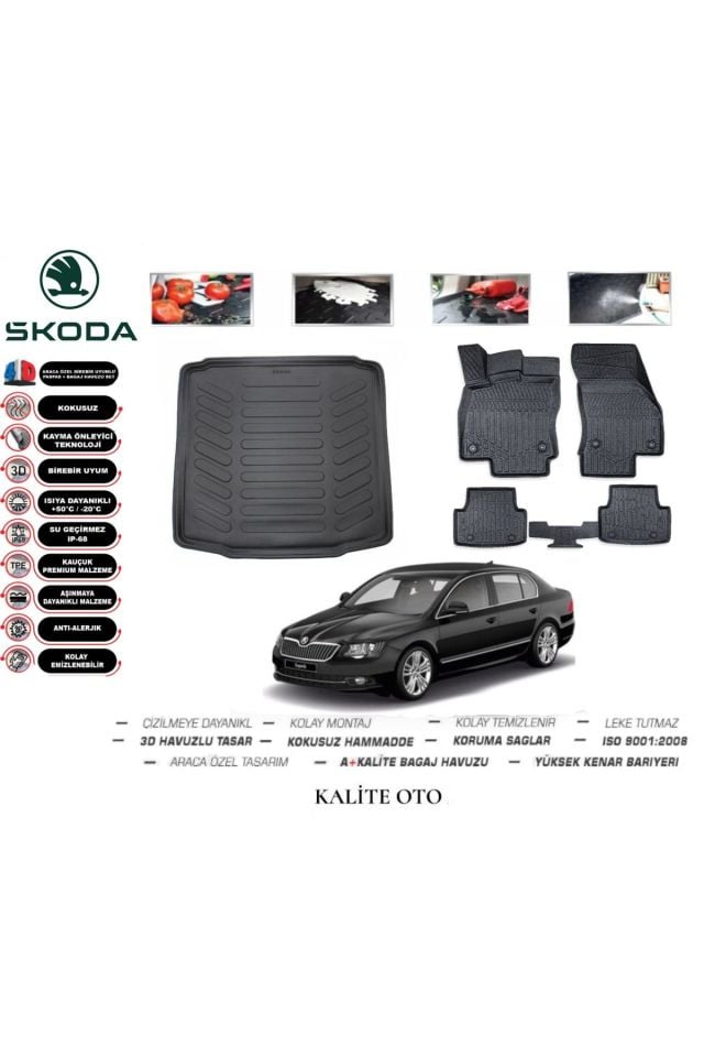 Skoda SuperB 2008-2015 3D Bagaj Havuzu+4D Havuzlu Paspas Seti