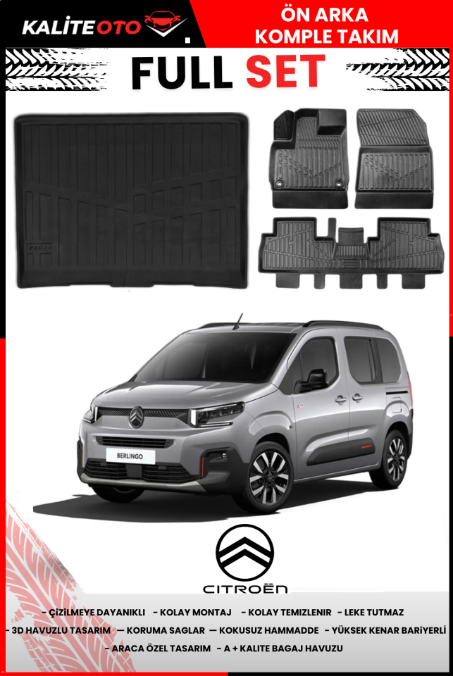 Citroen Berlingo 2019 Ve Sonrası 3D Bagaj Havuzu+4D Havuzlu Paspas Seti