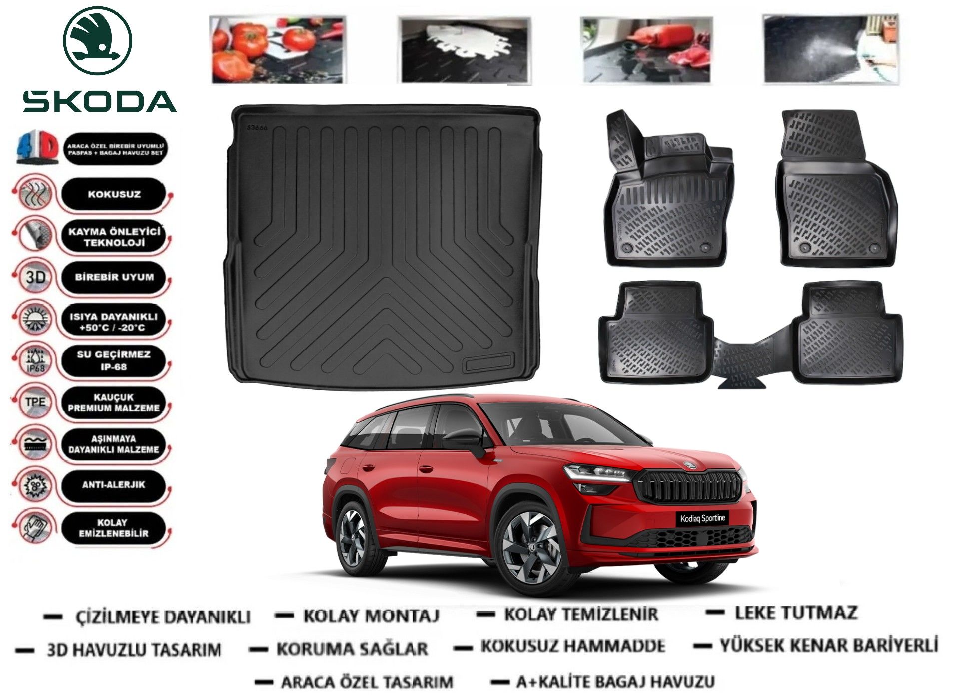 Skoda Kodiaq 2024 Sonrası 3D Üst Bagaj Havuzu+3D Araca Özel Paspas Takımı