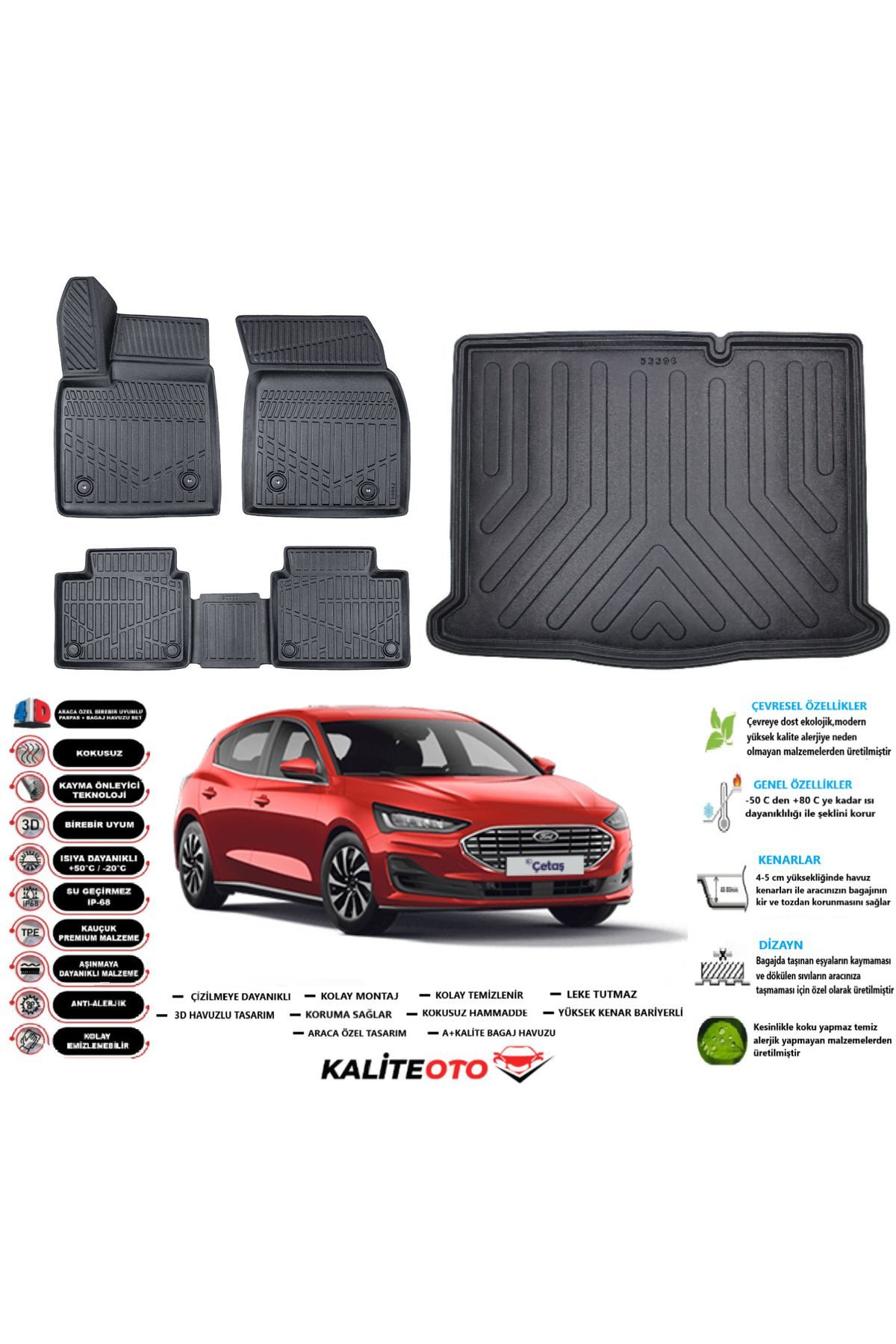 Ford Focus 5 Hatchback 2019 Model Stepneli Esnek Bagaj Havuzu Araca Özel Siyah Paspas Takımı