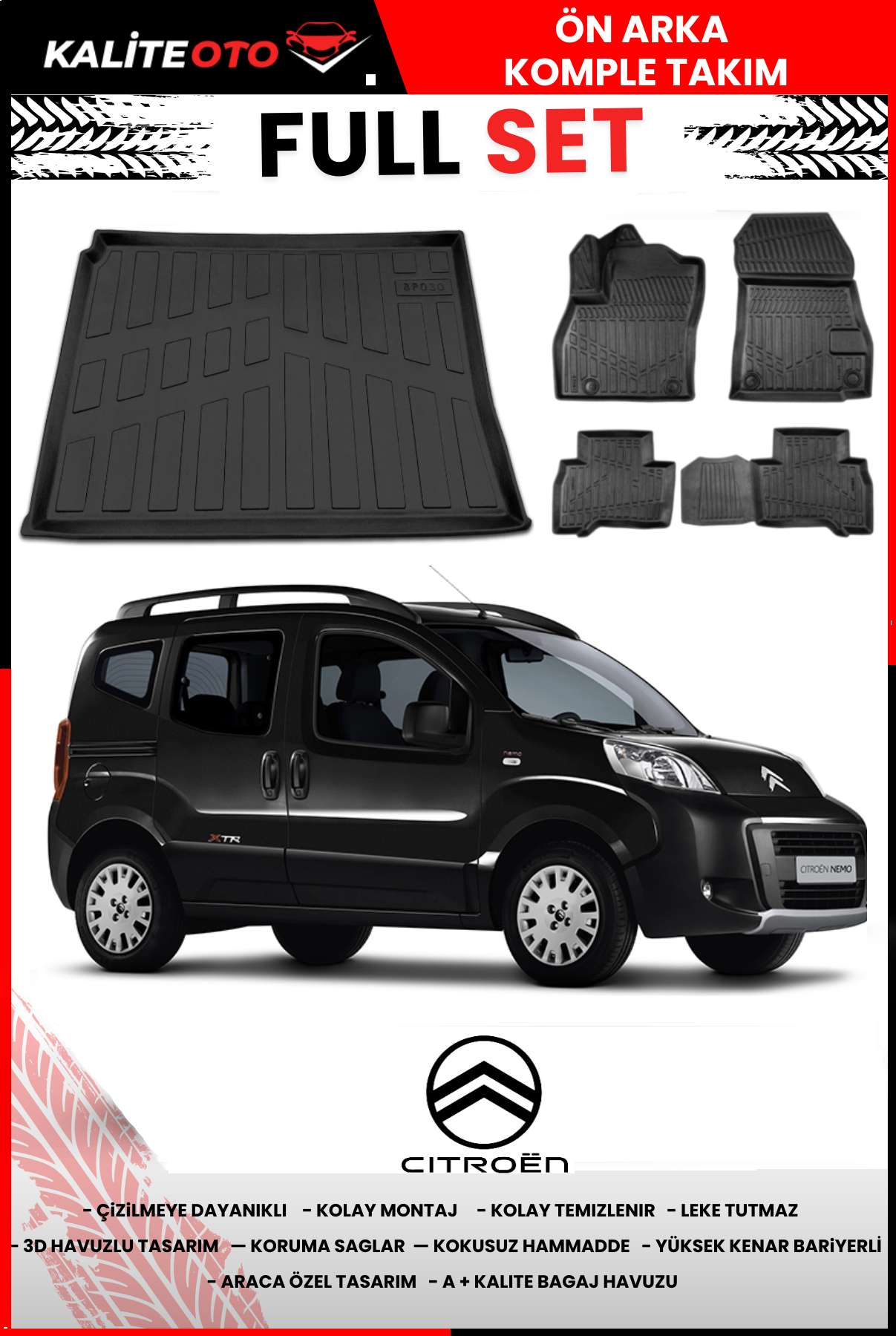 Citroen Nemo Combi 2007 Ve Sonrası 3D Bagaj Havuzu+4D Havuzlu Paspas Seti