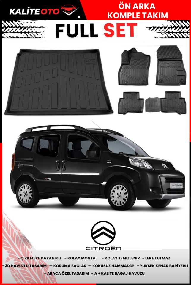 Citroen Nemo Combi 2007 Ve Sonrası 3D Bagaj Havuzu+4D Havuzlu Paspas Seti