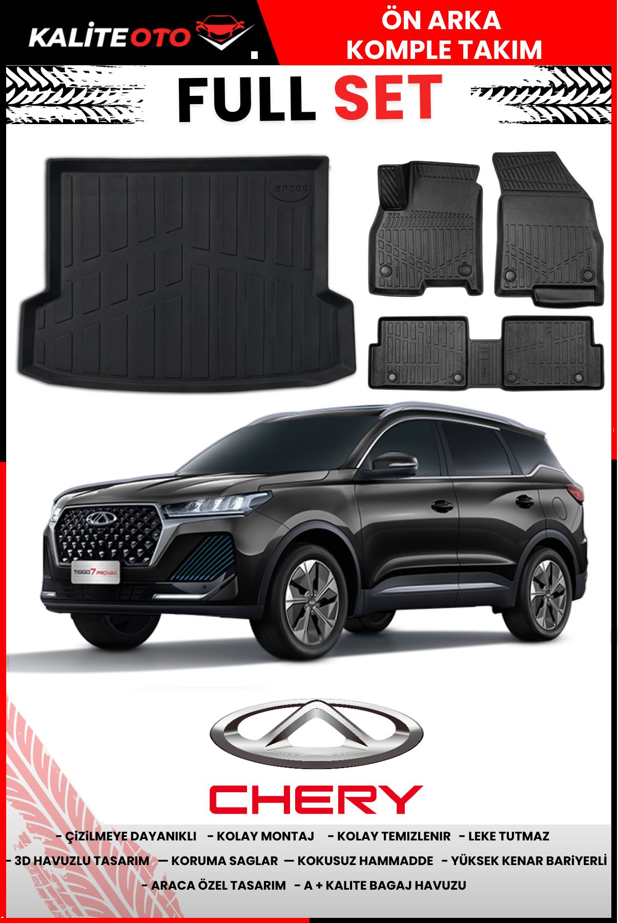 Chery Tiggo 7 Pro 2022 Ve Sonrası 3D Bagaj Havuzu+4D Havuzlu Paspas Seti