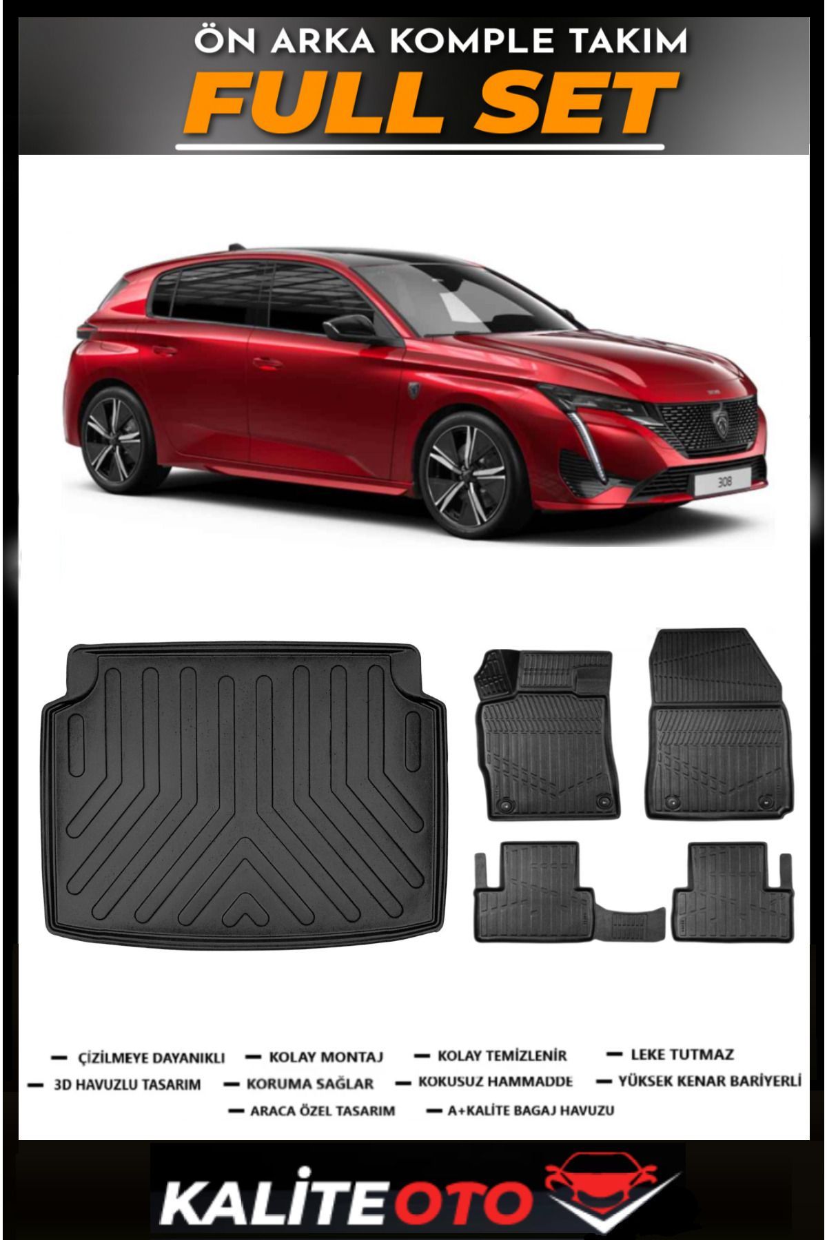 Peugeot 308 Bagaj Havuzu+4.5D Havuzlu Paspas Seti 2023 Model