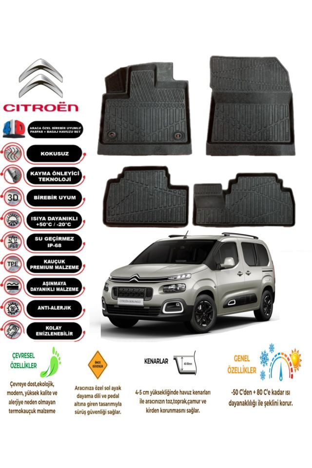 Citroen Berlingo 2020 Model 4D Araca Özel Havuzlu Paspas Takımı