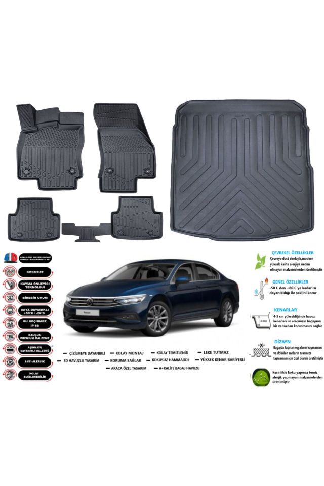Volkswagen Passat B8 2015 Model Esnek Bagaj Havuzu Araca Özel Siyah Paspas Takımı
