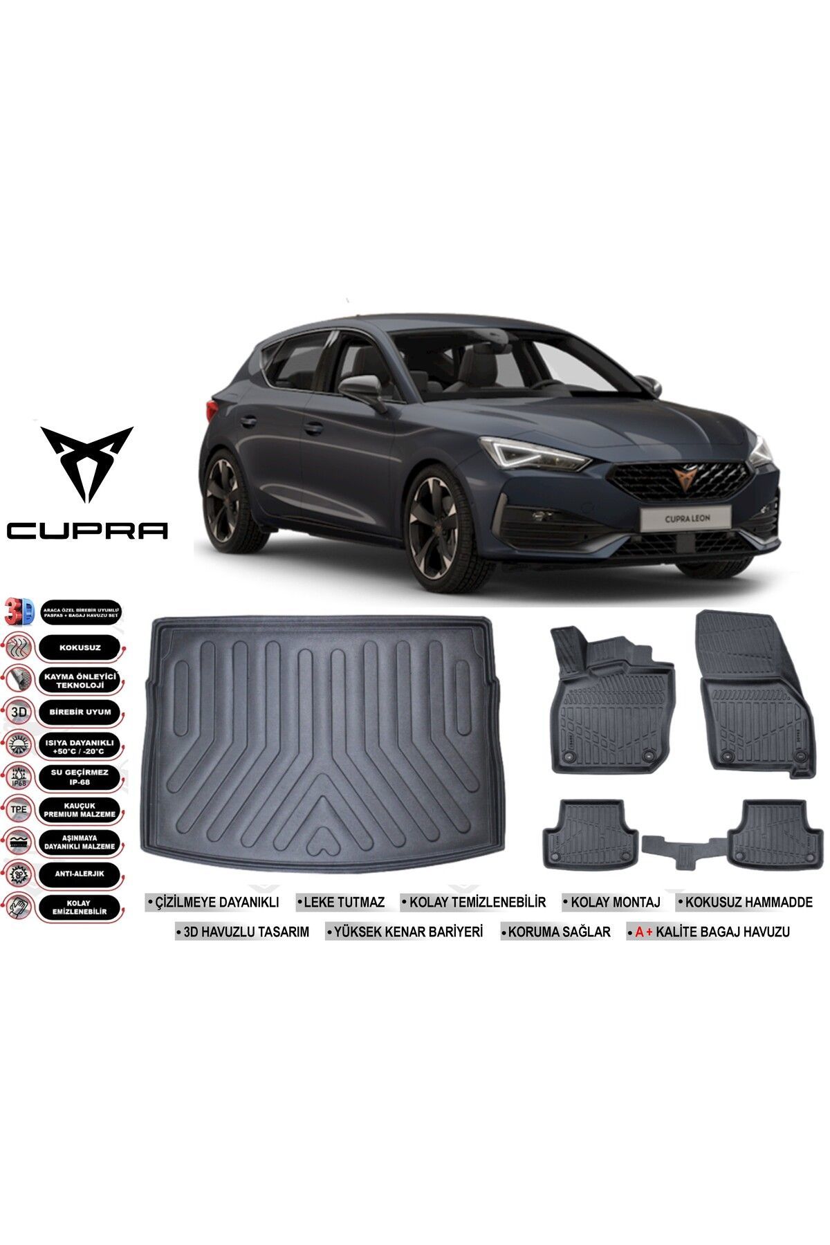 Cupra Leon 2023 Model Üst Bagaj Havuzu Araca Özel Siyah Havuzlu Paspas Takımı Sett