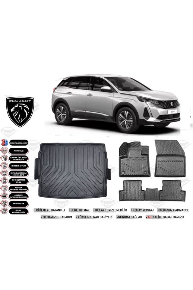 Peugeot 3008 2021 Model Üst Bagaj Havuzu Araca Özel Siyah Havuzlu Paspas Takımı Sett