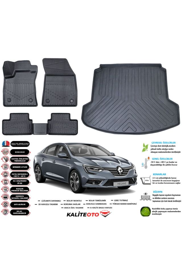 Renault Megane 4 2020 Model Çift Kulak Esnek Bagaj Havuzu Araca Özel Siyah Paspas Seti