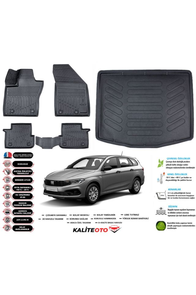 Fiat Egea Station Vagon 2022 Model Alt Esnek Bagaj Havuzu Araca Özel Siyah Paspas Takımı