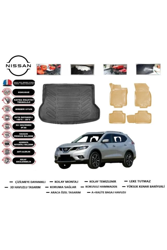 Nissan X-Trail 7 Koltuk 2014 Model Bagaj Havuzu(paspası)+Araca Özel Bej Paspas Takımı Flex